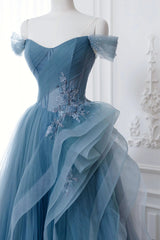 Party Dresses Shops, Dusty Blue Tulle Floor Length Prom Dresses, Blue Off the Shoulder Removable Sleeve Evening Dress
