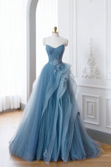Party Dresses Shopping, Dusty Blue Tulle Floor Length Prom Dresses, Blue Off the Shoulder Removable Sleeve Evening Dress