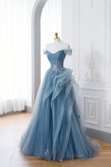 Party Dresses Shop, Dusty Blue Tulle Floor Length Prom Dresses, Blue Off the Shoulder Removable Sleeve Evening Dress