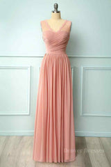 Formal Dresses For Winter Wedding, Dusty Pink A-line Illusion Lace Neck Pleated Chiffon Long Bridesmaid Dress