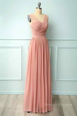 Formal Dresses For Fall Wedding, Dusty Pink A-line Illusion Lace Neck Pleated Chiffon Long Bridesmaid Dress