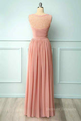 Formal Dress For Girls, Dusty Pink A-line Illusion Lace Neck Pleated Chiffon Long Bridesmaid Dress