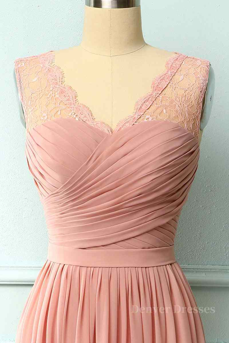 Formal Dresses For Girls, Dusty Pink A-line Illusion Lace Neck Pleated Chiffon Long Bridesmaid Dress