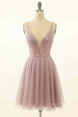 Prom Dress Boutique, Dusty Pink A-line V Neck Sequins Tulle Mini Homecoming Dress