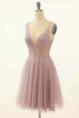 Prom Dress Colors, Dusty Pink A-line V Neck Sequins Tulle Mini Homecoming Dress