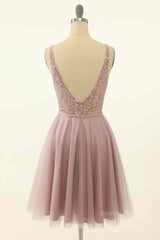 Prom Dresses Colorful, Dusty Pink A-line V Neck Sequins Tulle Mini Homecoming Dress