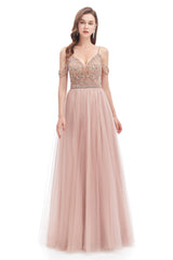 Autumn Wedding, Dusty Pink Crystal Sparkle Starry Prom Dresses with Straps Backless