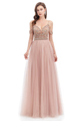 White Wedding, Dusty Pink Crystal Sparkle Starry Prom Dresses with Straps Backless