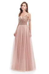 Non Traditional Wedding Dress, Dusty Pink Crystal Sparkle Starry Prom Dresses with Straps Backless