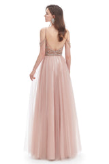 Dusty Blue Bridesmaid Dress, Dusty Pink Crystal Sparkle Starry Prom Dresses with Straps Backless