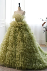 Homecomming Dresses With Sleeves, Dusty Sage Strapless A-line Multi-Layers Long Prom Dress with Feathers