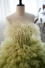 Homecomming Dresses Floral, Dusty Sage Strapless A-line Multi-Layers Long Prom Dress with Feathers