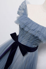 Prom Dresse Two Piece, Blue Off the Shoulder Tulle Long Prom Dress with Sash, Sparkly Formal Gown