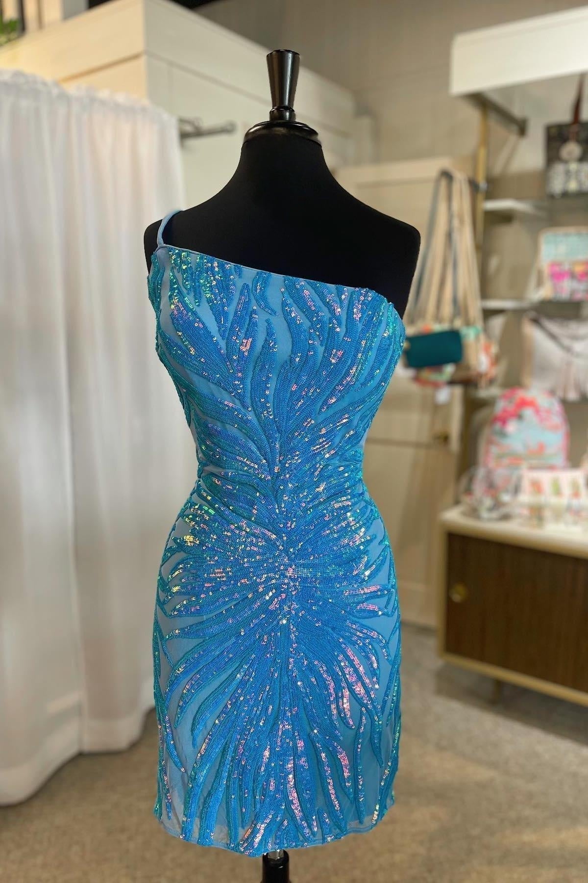 Party Dresses, Blue One Shoulder Sequined Sheath Homecoming Dress