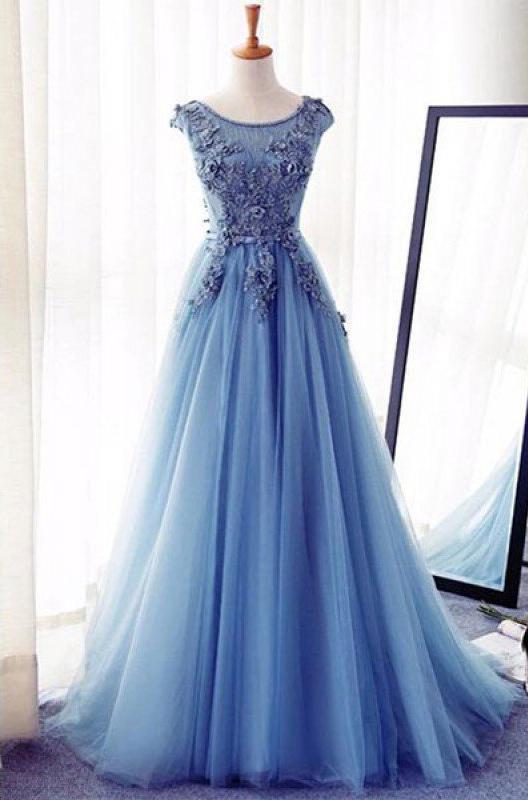 White Wedding, Appliques Lace Up Capped Sleeves A-Line/Princess Tulle 2024 Blue Prom Dresses