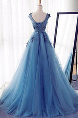 Non Traditional Wedding Dress, Appliques Lace Up Capped Sleeves A-Line/Princess Tulle 2024 Blue Prom Dresses
