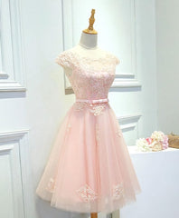 Bridesmaid Dresses Mismatched, Pink Lace Tulle Short Prom Dress, Pink Evening Dress
