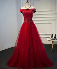 Formal Dress Vintage, Burgundy Lace Tulle Long Prom Dress, Off Shoulder Evening Dress