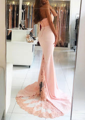 Prom Dress 2051, Elastic Satin Court Train Trumpet/Mermaid Sleeveless Halter Covered Button Prom Dress With Beaded