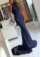 Party Dresses Jumpsuits, Elastic Satin Court Train Trumpet/Mermaid Sleeveless Halter Covered Button Prom Dress With Beaded