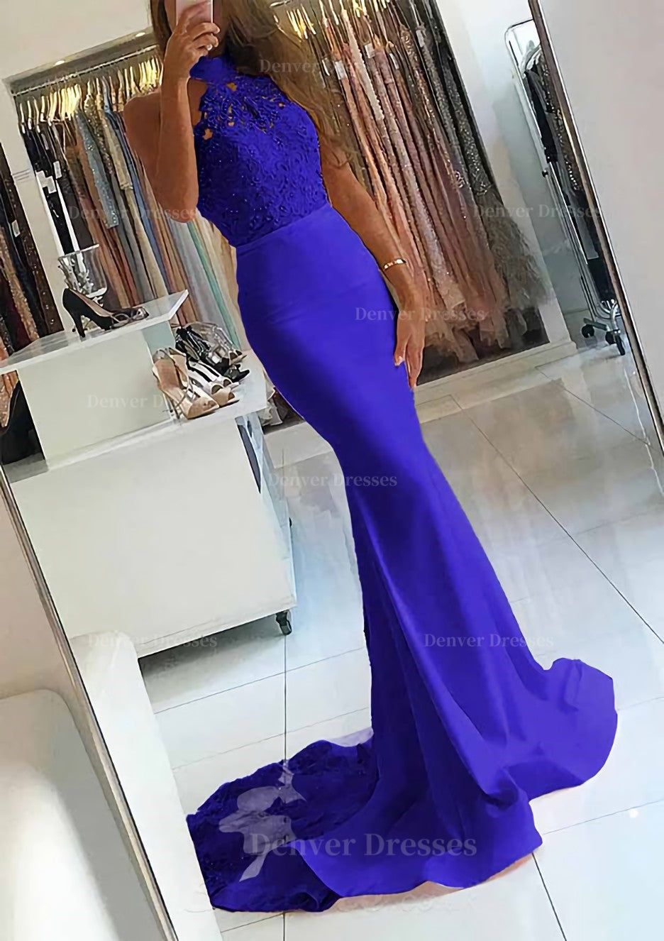 Party Dresses And Jumpsuits, Elastic Satin Court Train Trumpet/Mermaid Sleeveless Halter Covered Button Prom Dress With Beaded