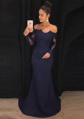 Prom Dress Blue, Elastic Satin Prom Dress Sheath/Column Off-The-Shoulder Court Train With Lace