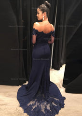 Night Dress, Elastic Satin Prom Dress Sheath/Column Off-The-Shoulder Court Train With Lace
