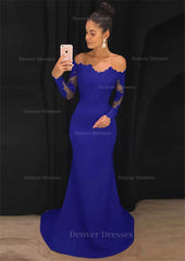 Black Formal Dress, Elastic Satin Prom Dress Sheath/Column Off-The-Shoulder Court Train With Lace