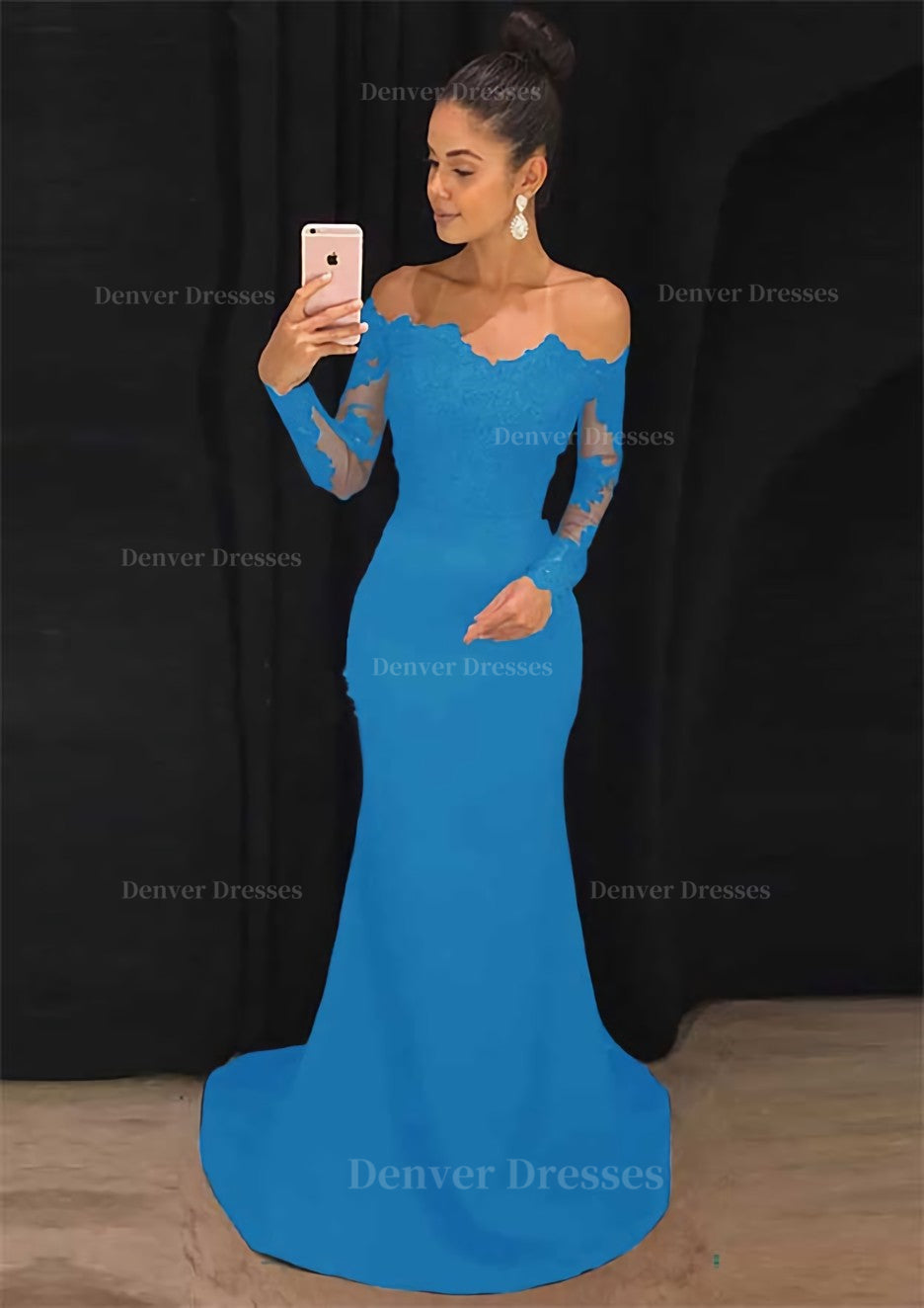 Long Sleeve Prom Dress, Elastic Satin Prom Dress Sheath/Column Off-The-Shoulder Court Train With Lace