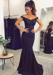 Dinner Dress Classy, Elastic Satin Prom Dress Trumpet/Mermaid Off-The-Shoulder Sweep Train With Lace
