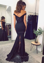 Fancy Outfit, Elastic Satin Prom Dress Trumpet/Mermaid Off-The-Shoulder Sweep Train With Lace