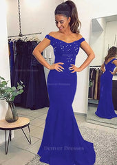 Party Dress Midi With Sleeves, Elastic Satin Prom Dress Trumpet/Mermaid Off-The-Shoulder Sweep Train With Lace