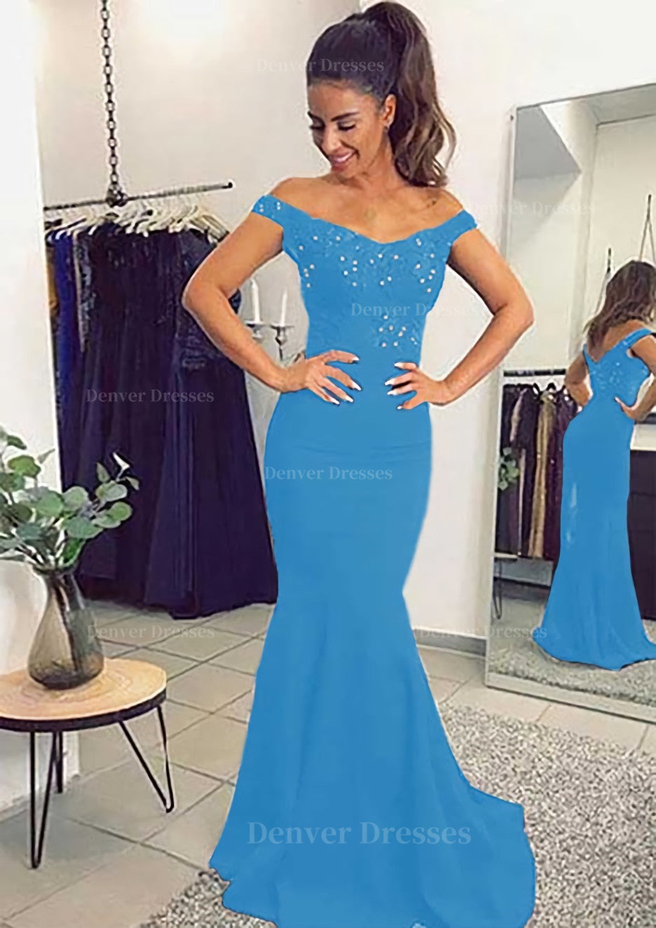 Strapless Prom Dress, Elastic Satin Prom Dress Trumpet/Mermaid Off-The-Shoulder Sweep Train With Lace