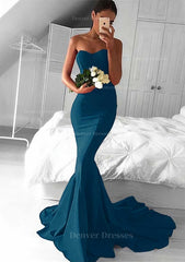 Party Dress Shop, Elastic Satin Prom Dress Trumpet/Mermaid Sweetheart Court Train With Pleated