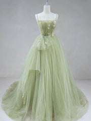 Formal Dress With Sleeves, Elegant A Line Open Back Green Tulle Long Prom Dresses, Green Formal Graduation Evening Dresses