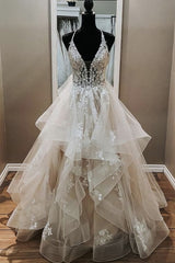 Wedding Dresses Rustic, Elegant A-line V Neck Backless Appliques Tulle Lace Wedding Dresses,Bridal Gown