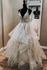 Wedding Dress Fitting, Elegant A-line V Neck Backless Appliques Tulle Lace Wedding Dresses,Bridal Gown