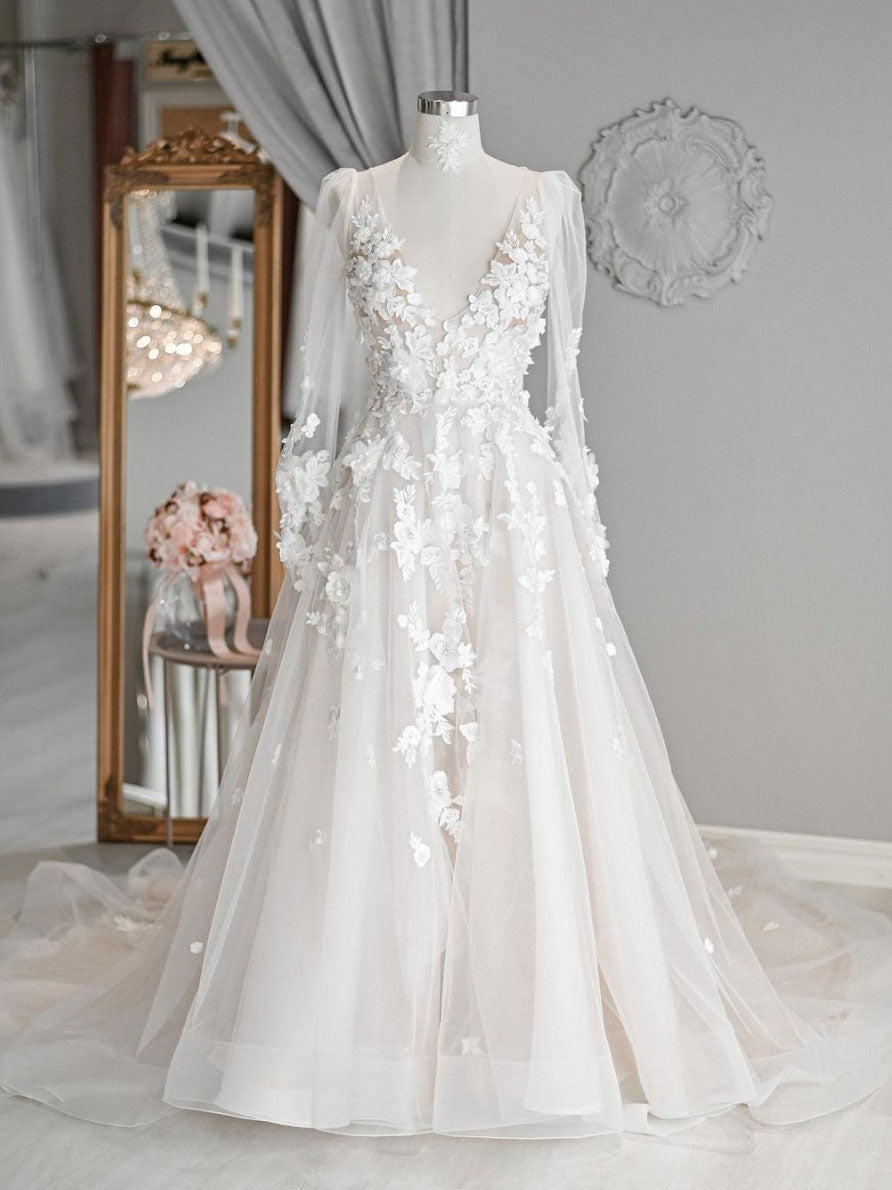 Wedding Dresses For Fall Weddings, Elegant Beach Lace Wedding Dresses,White Long Sleeve Women Garden Bridal Gown