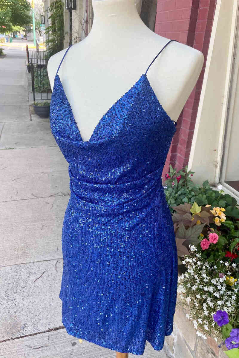 Homecoming Dress, Elegant Blue Sequined Short Homecoming Dress,Sexy Maxi Cocktail Dresses