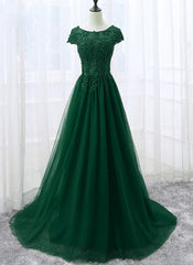 Bridesmaids Dresses Spring, Elegant Cap Sleeve Lace Applique Tulle Party Dress, Prom Gowns