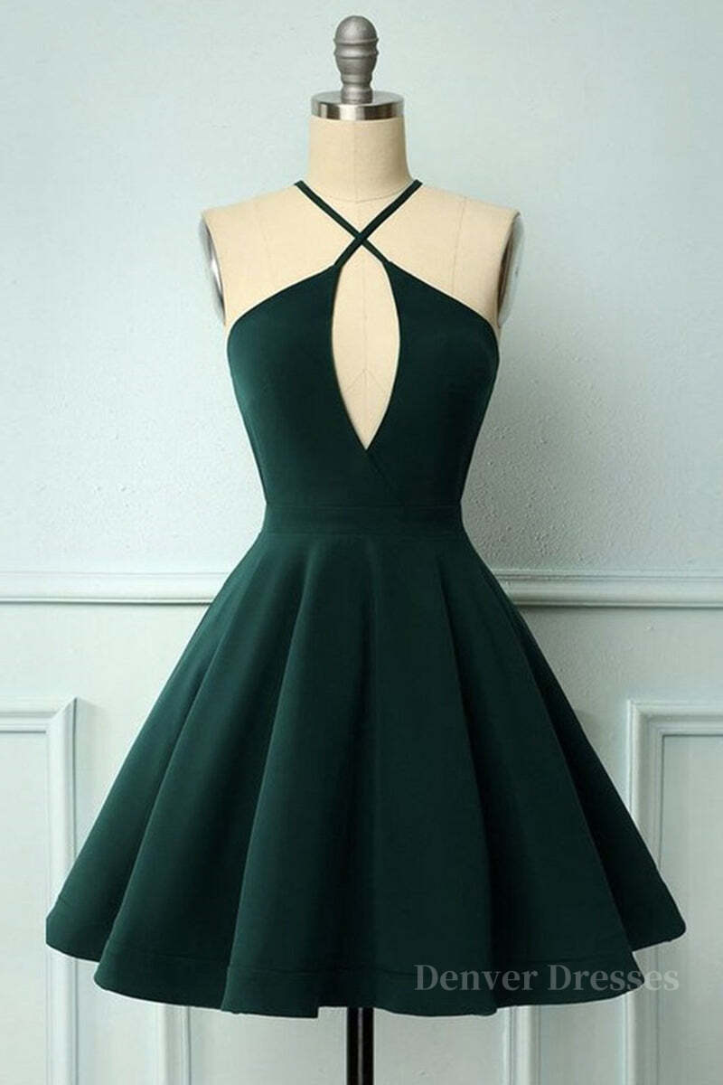 Party Dress Australia, Elegant Halter Neck Dark Green Short Prom Dress, Dark Green Formal Graduation Homecoming Dress