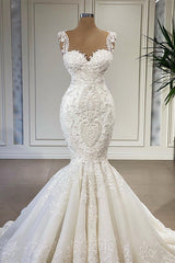 Wedding Dresses Beach, Elegant Ivory Long Mermaid Sweetheart Ruffles Lace Wedding Dresses