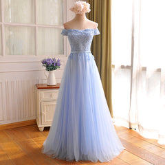 Prom Dress Princesses, Elegant Light Blue Lace Applique Top Long Party Dress, Off Shoulder Bridesmaid Dress