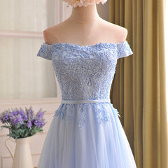 Prom Dresses Spring, Elegant Light Blue Lace Applique Top Long Party Dress, Off Shoulder Bridesmaid Dress