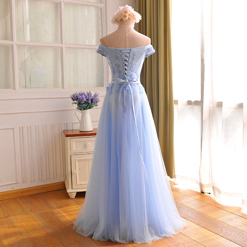 Prom Dress Spring, Elegant Light Blue Lace Applique Top Long Party Dress, Off Shoulder Bridesmaid Dress
