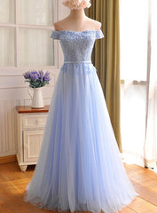 Prom Dress Princess, Elegant Light Blue Lace Applique Top Long Party Dress, Off Shoulder Bridesmaid Dress