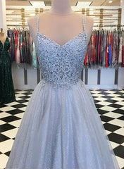 Bridesmaid Dresses Convertable, Elegant Light Blue Tulle V-neck Spaghetti Straps Lace Long Prom Dresses