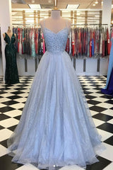 Bridesmaids Dresses Convertible, Elegant Light Blue Tulle V-neck Spaghetti Straps Lace Long Prom Dresses
