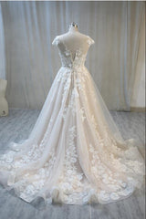 Wedding Dresses Long, Elegant Long A-Line Bateau Backless Appliques Lace Tulle Wedding Dress