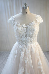 Wedding Dresses Unique, Elegant Long A-Line Bateau Backless Appliques Lace Tulle Wedding Dress